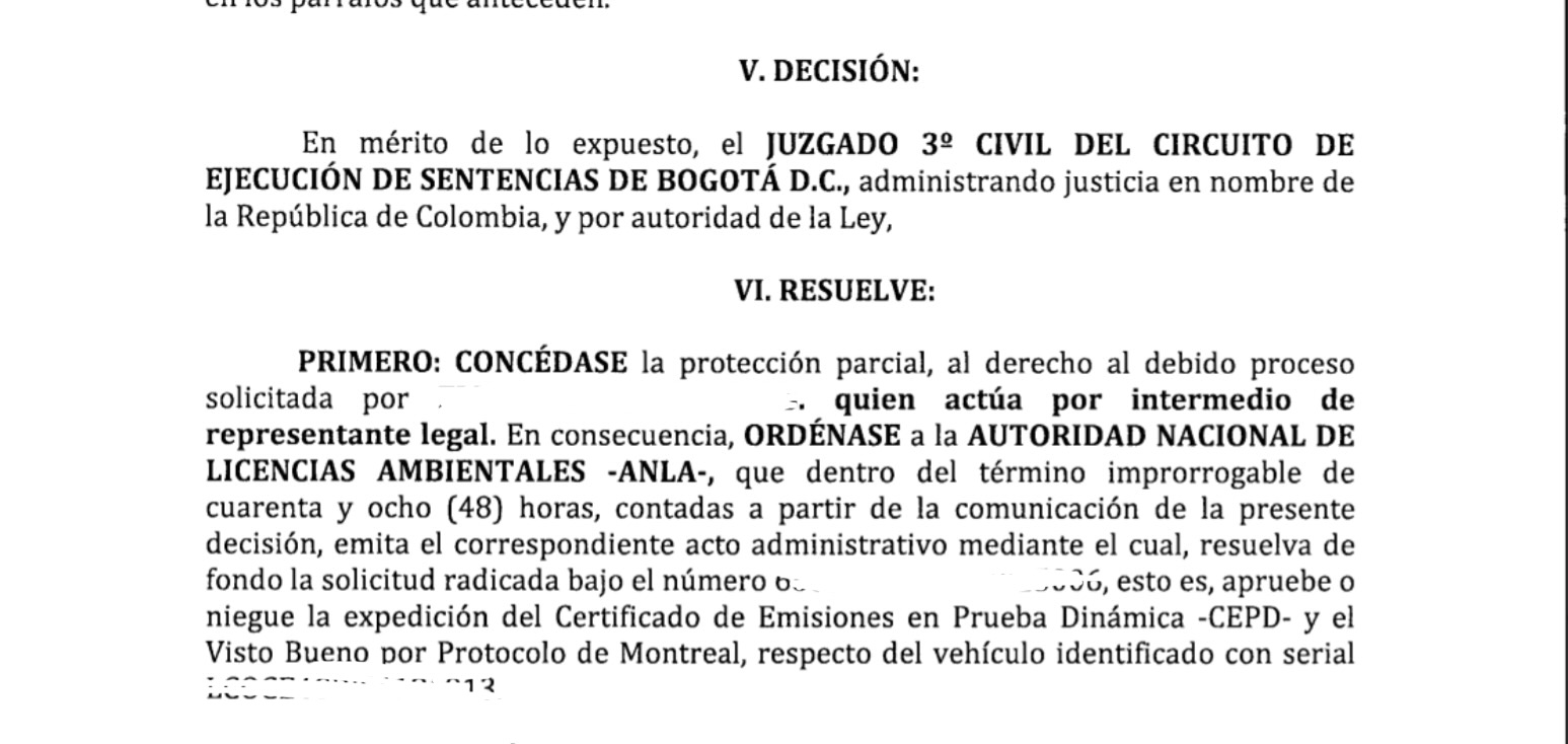 Fallo de tutela contra ANLA — Juzgado 3° Civil del Circuito de Ejecución de Sentencias de Bogotá D.C.